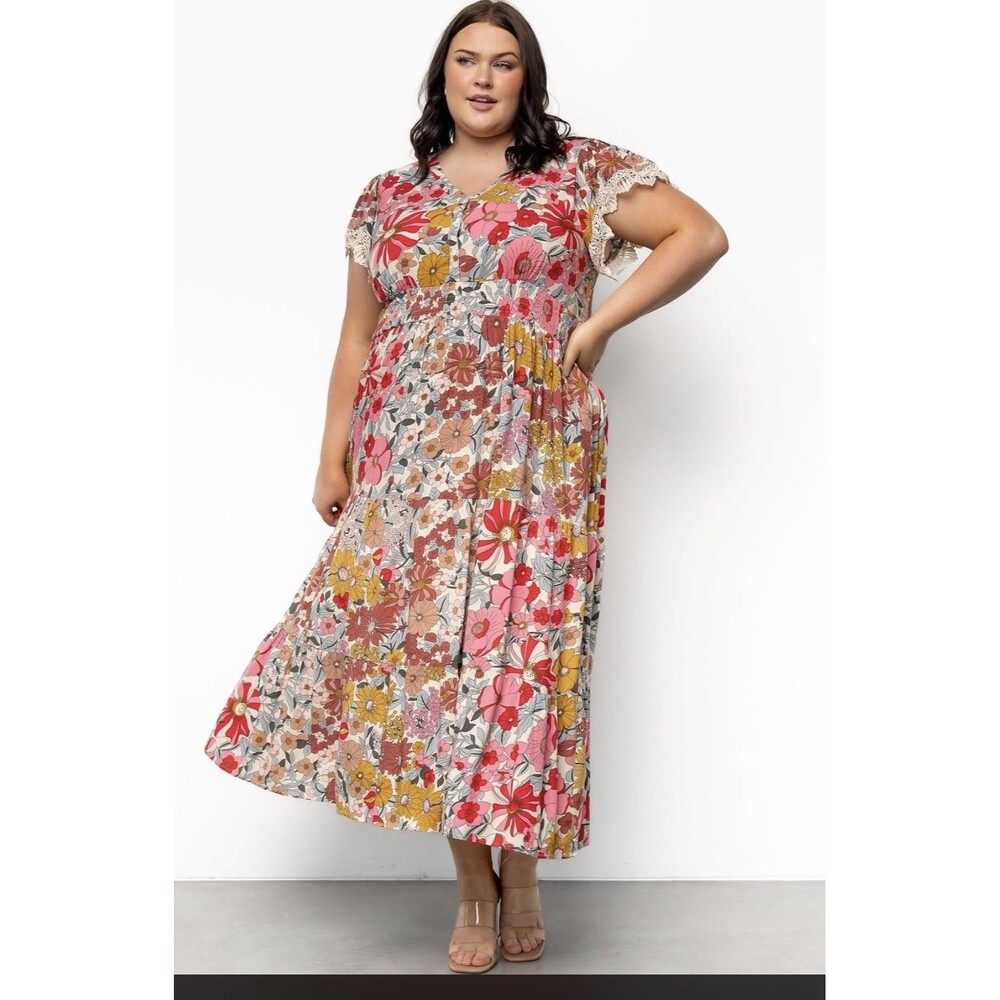 Baltic Born Aliyah Floral V-Neck Lace Smocked Lined Midi Dress Multicolor M